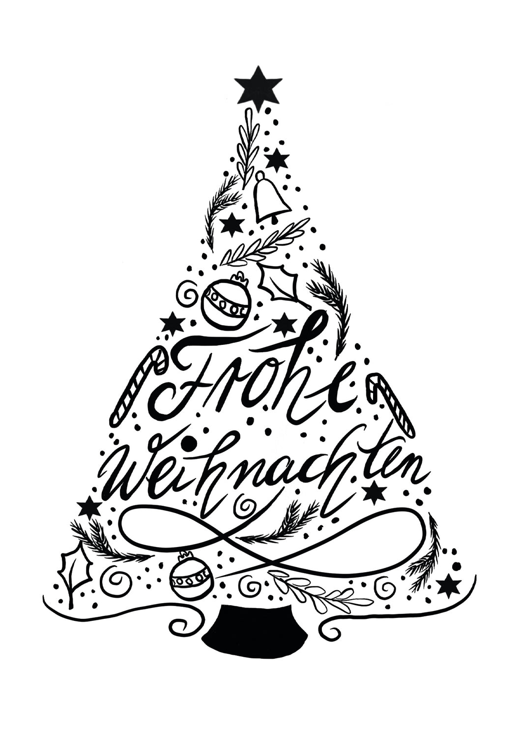 Einzelne Weihnachtskarte BLACK & WHITE Kalligrafie Tannenbaum, A6